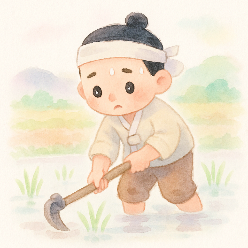 가난한 총각이 논에서 열심히 일하는 모습